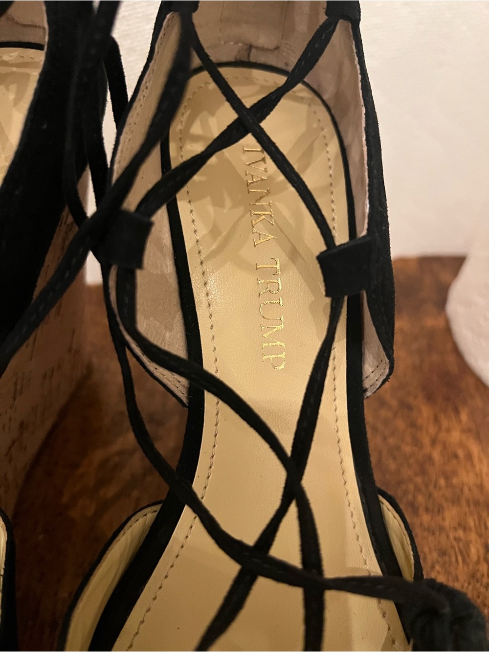 Ivanka Trump Black Suede Lace-Up Wedge Sandals